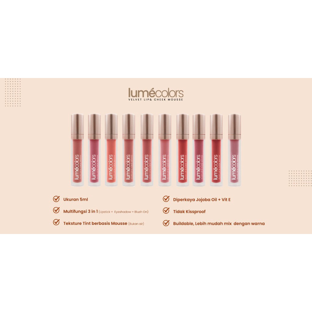 Lumecolors Velvet Lipcoat Lipstick Lipgloss Bening Tahan Lama Matte Warna Nude Red Peach