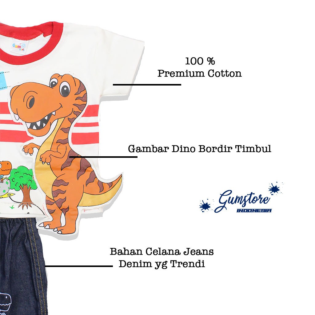 Setelan Baju Celana Anak Gambar Dino Dinosaurus Timbul Lucu Gumkids Art Gum5010