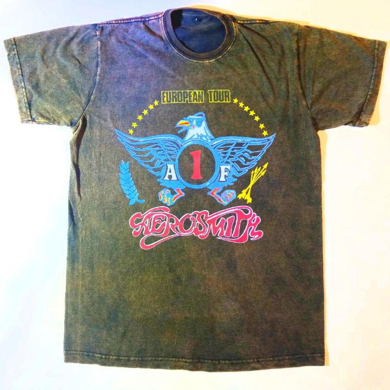 Aerosmith Rock Band European Tour Logo Vintage Wash T-shirt/Kaos Band Rock Aerosmith Tour European V