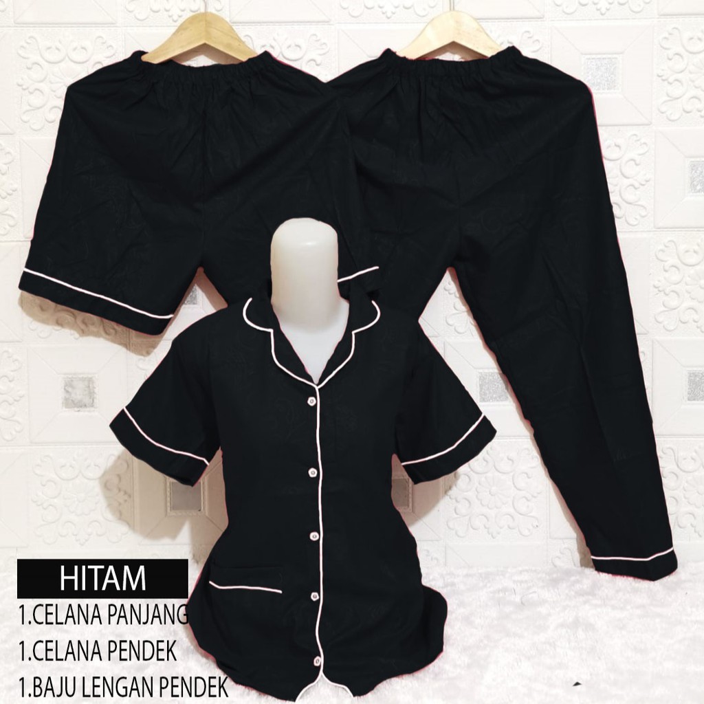 ISANNY PIYAMA SET 3IN1 SIZE.XL/PIYAMA SATIN EMBOS 3 IN 1/WARNA TERBANYAK/READY STOK/REAL PICT-HITAM