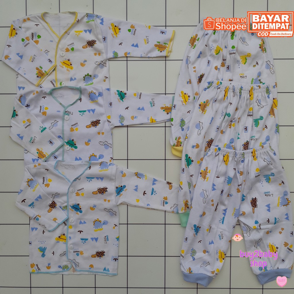 Setelan piyama panjang bayi Elfira Baby Little Dino Series Putih 0-3 Bulan isi 3 PCS