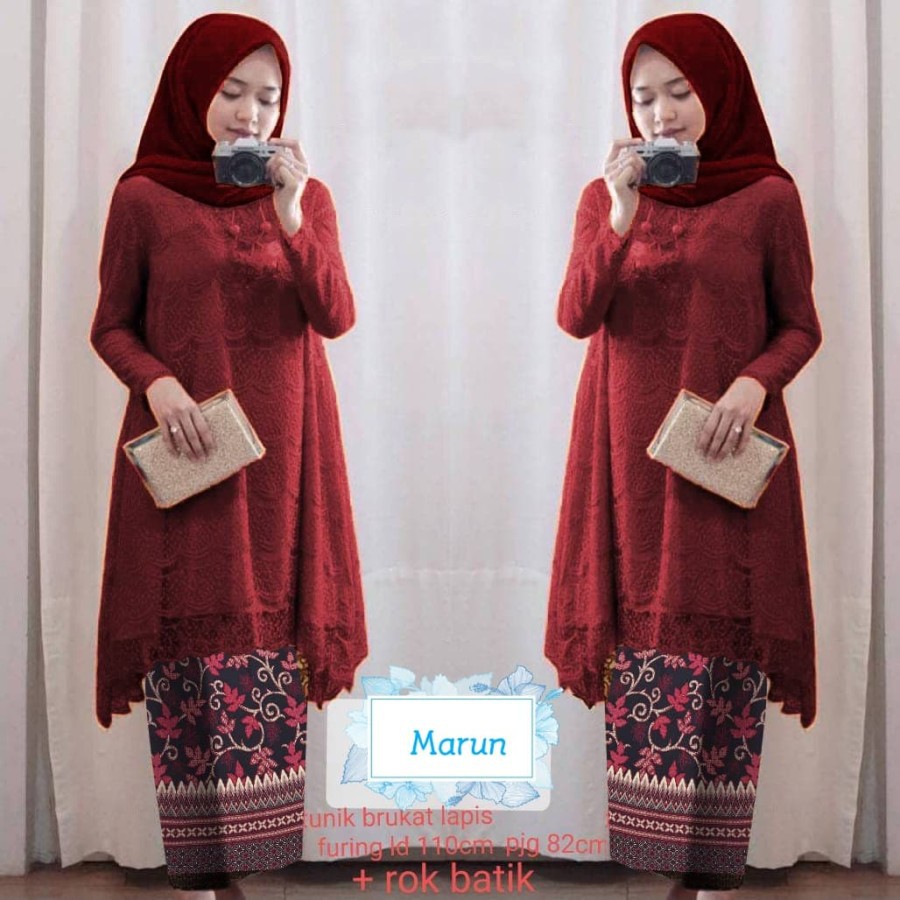 Setelan Kebaya Tunik Brukat Modern Muslim Syar'i Rok Batik Panjang maroon