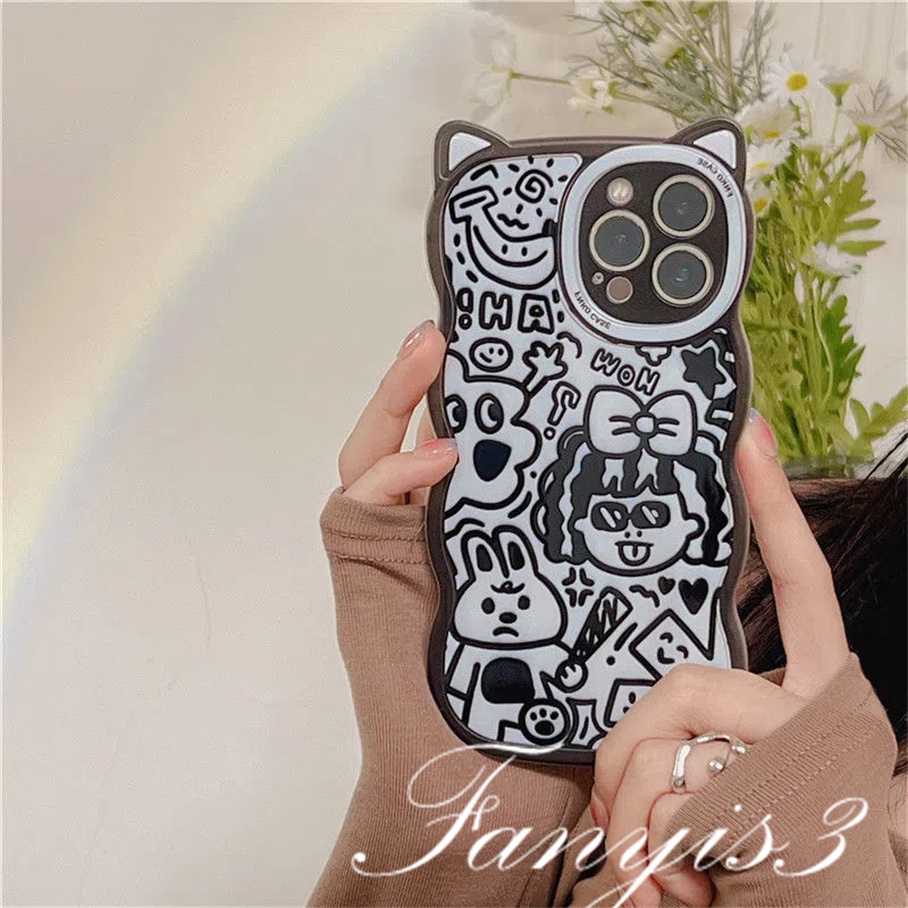 Compatible For iPhone 14 13 12 11 Pro Max X XR Xs Max 8 7 6 6s Plus SE 2020 Soft Case Pelindung Desain Telinga Kucing Graffiti Untuk