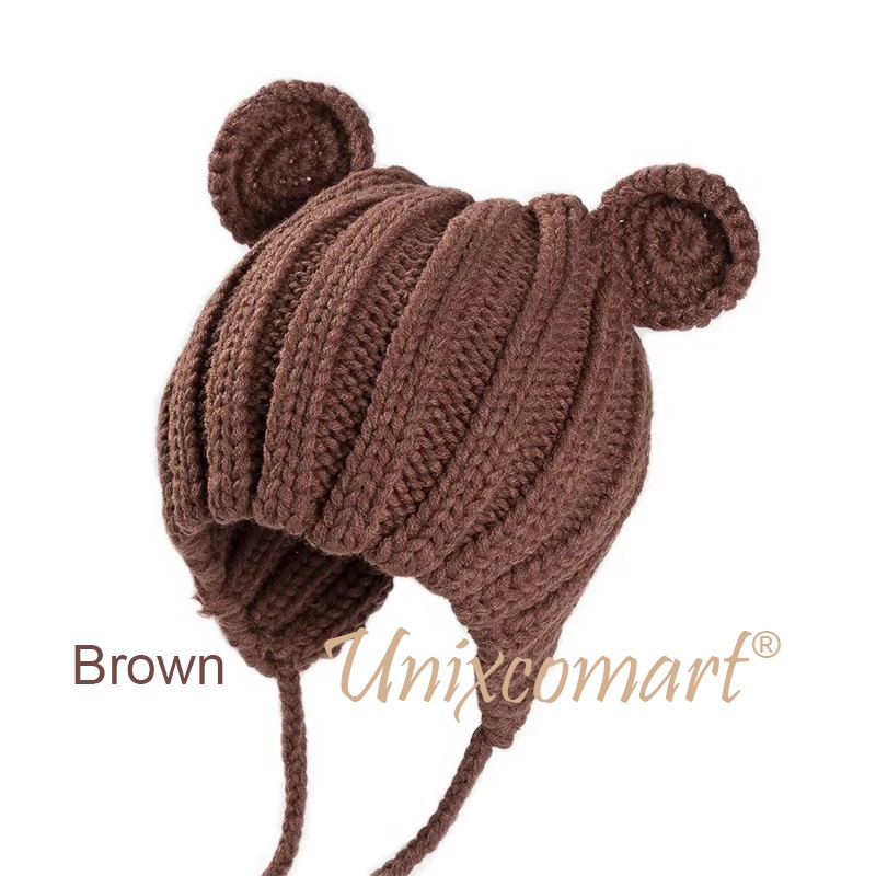 Topi Kupluk Anak Bayi Rajut BONNET MOUSE Ears Cap Topi Kupluk Anak Bayi Rajut-Brown