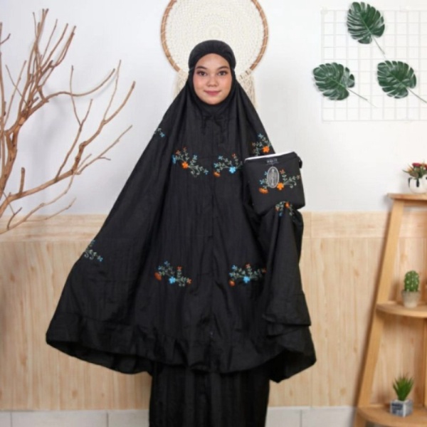 Mukena Parasut Bordir Dewasa Jumbo Traveling Parasit Tebal Premium - Hitam Murah