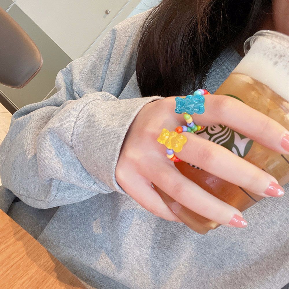 Needway  Women Girls Bead Rings Korean Fashion Jewelry Finger Ring Elastic Kpop Elegant Sweet Summer Geometric Bear/Multicolor