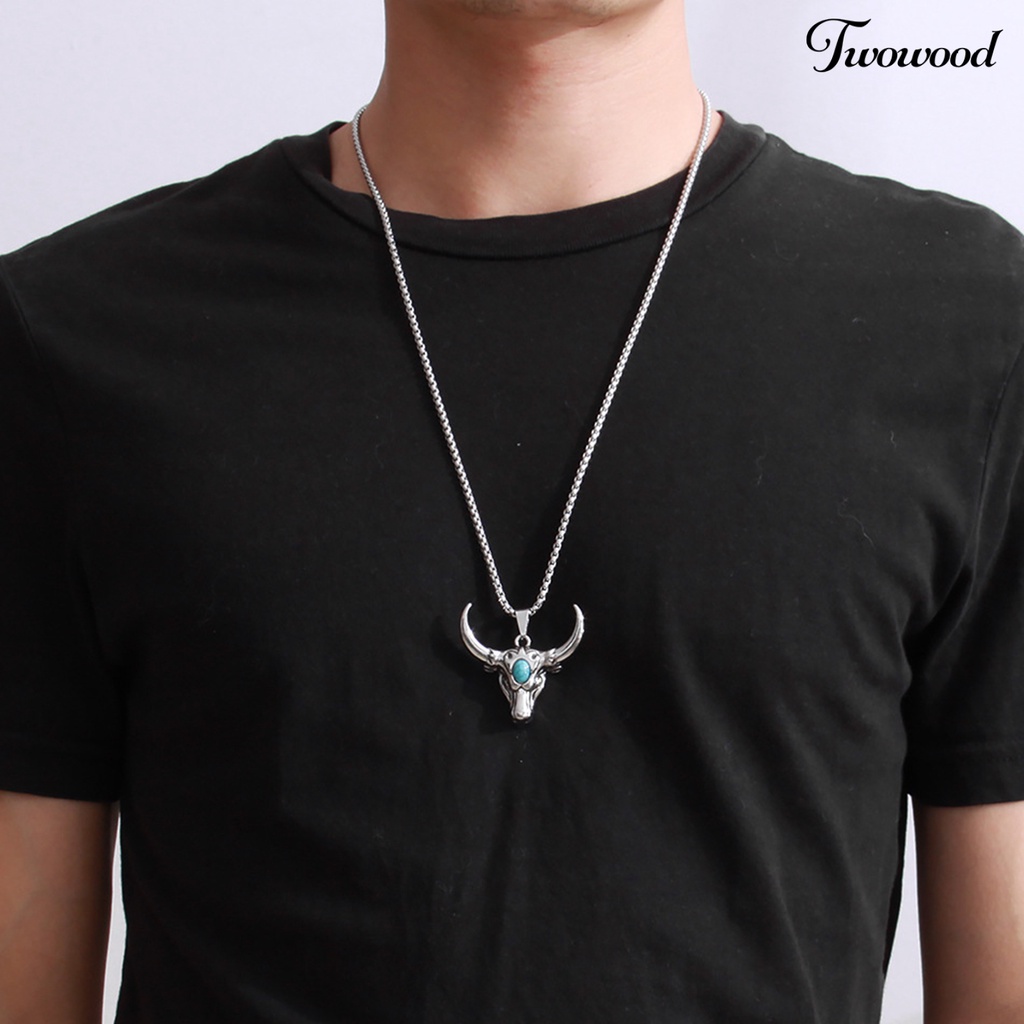 Twowood Bull Head Pendant Men Necklace Long Chain Alloy Retro Punk Sweater Necklace Cosplay Jewelry