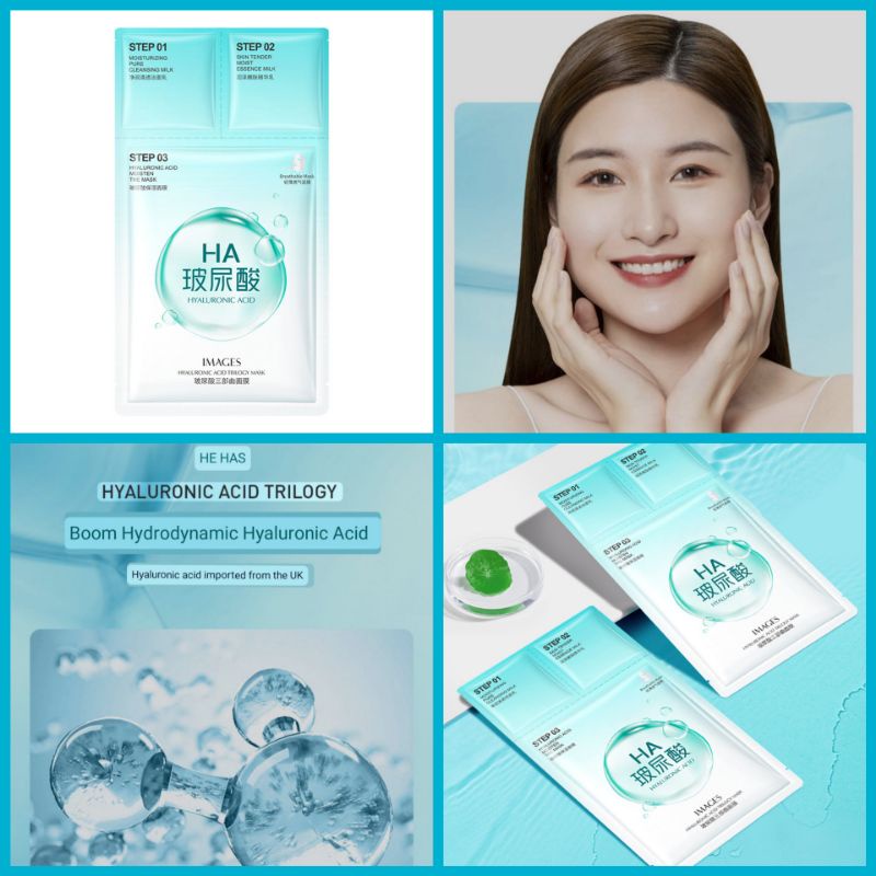 Trilogy IMAGES Original Hyaluronic Acid Cleansing Essence And Mask Sheet Masker Wajah 3 In 1 Anti Acne, Kulit Kusam, Memutihkan 3pc