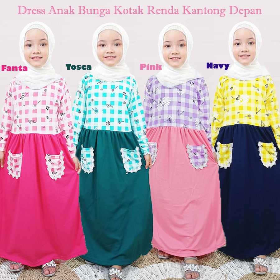 DRESS ANAK BUNGA KOTAK RENDA KANTONG DEPAN usia 2-13tahun GAMIS MURAH CARLINA