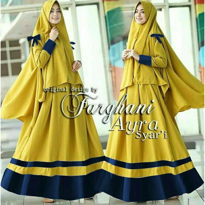 Gamis Cantik Syari Bergo Ribbon Farghani Ayra Yellow Gamis Brokat Terbaru 2017