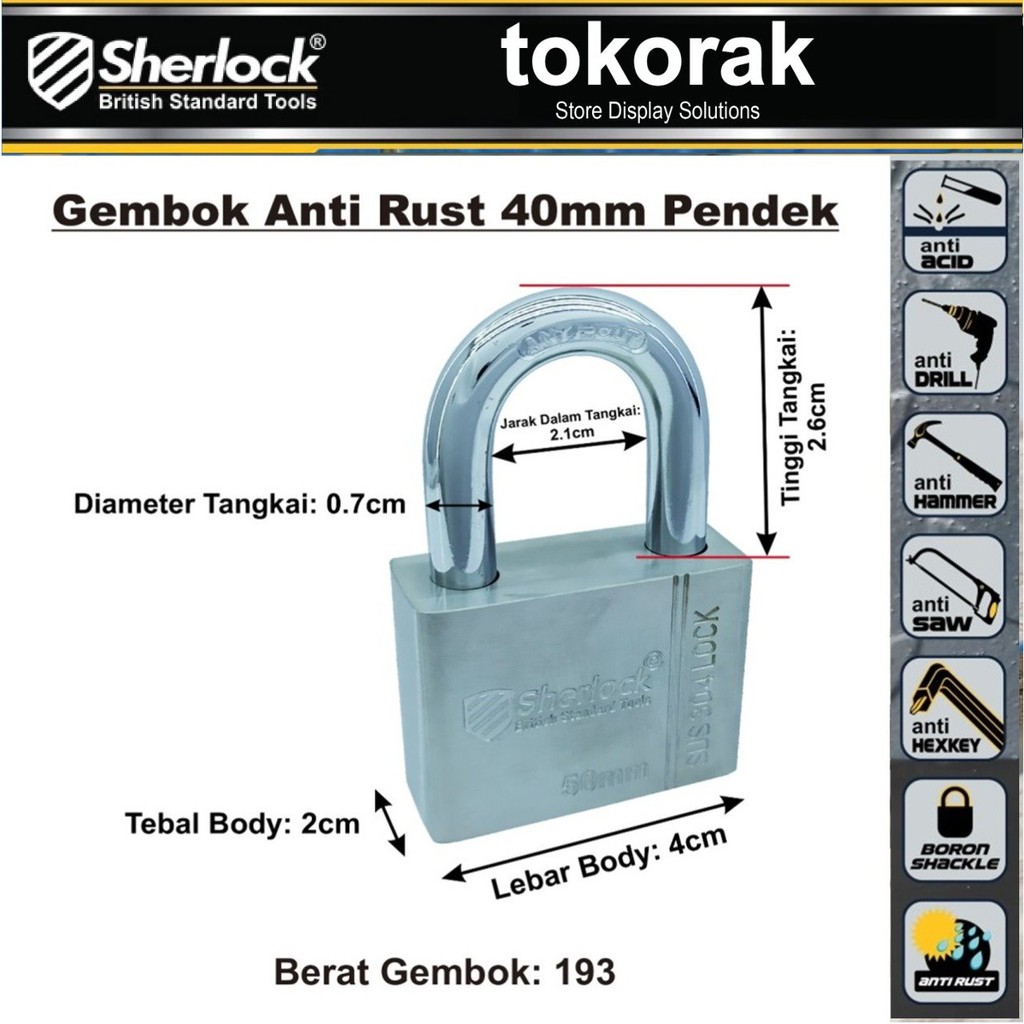 GEMBOK STAINLESS STEEL ANTI RUST 40MM PDK SHERLOCK - GEMBOK ANTI KARAT