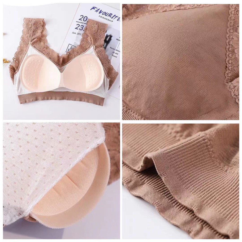 [COD] Bra Wanita Sports Bra V-Neck Aksen Hem Lace dengan Pad Busa untuk Yoga / Tidur