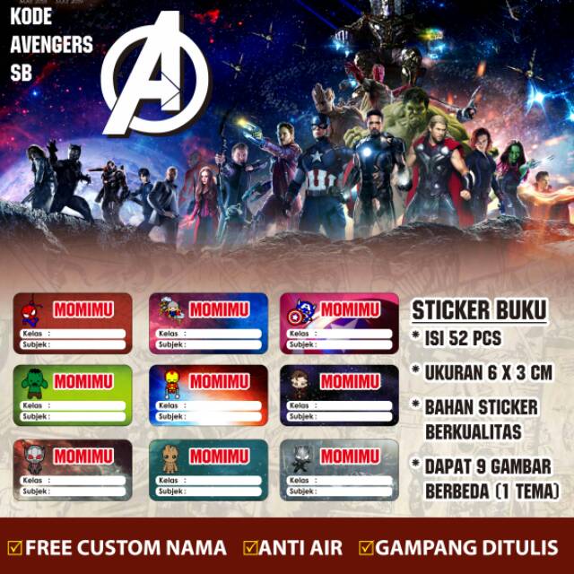 

Stiker/Sticker/Label Buku Pelajaran Anak/Remaja Custom Motif Avengers