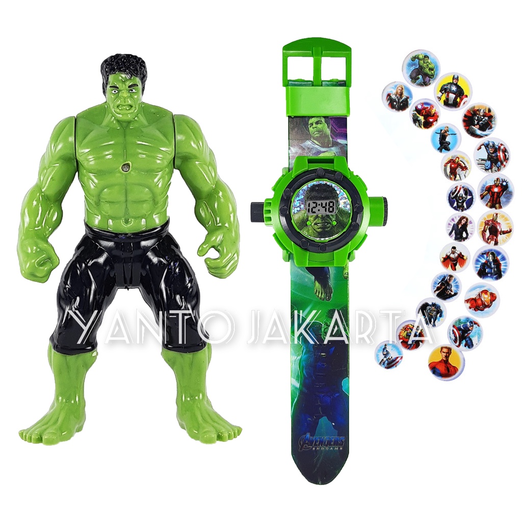 JAM TANGAN ANAK LAKI LAKI DAN ACTION FIGURE KARAKTER HULK 1 SET