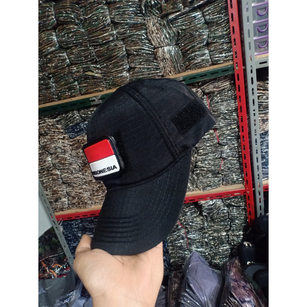 Topi velcro hitam || topi hitam tanpa patch rubber bendera indonesia