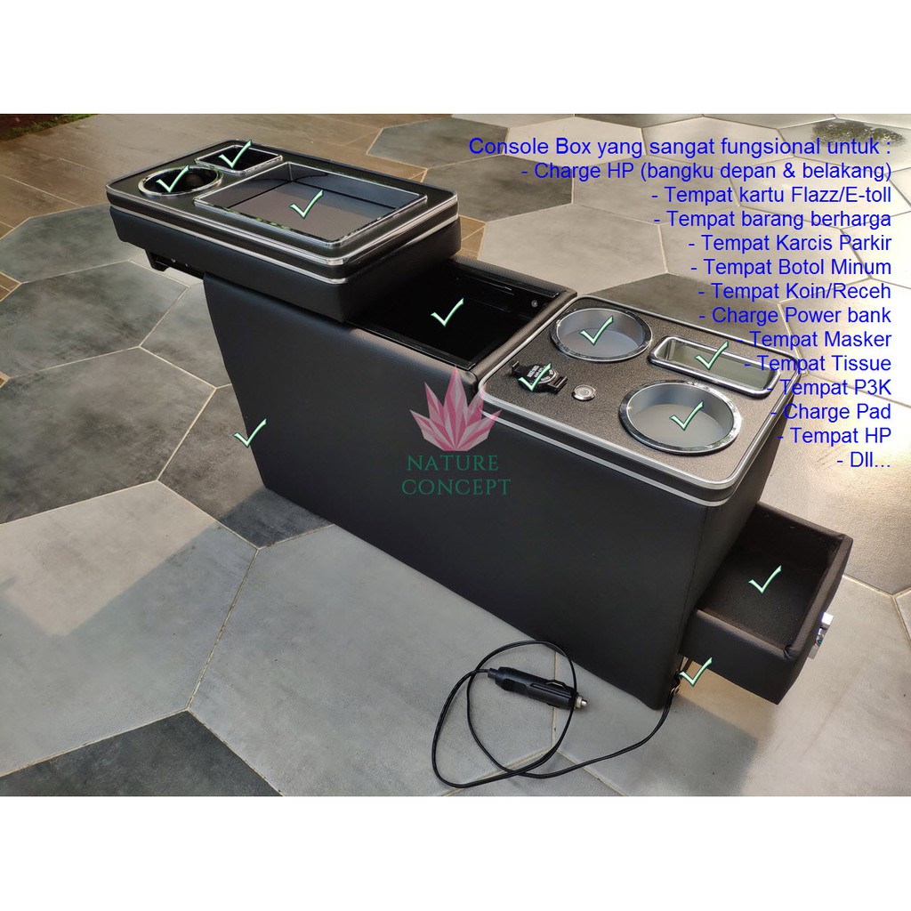 Console Box Mobil Voxy Biante Serena Cortez LUXURY Lengkap Mewah USB &amp; power outlet depan belakang