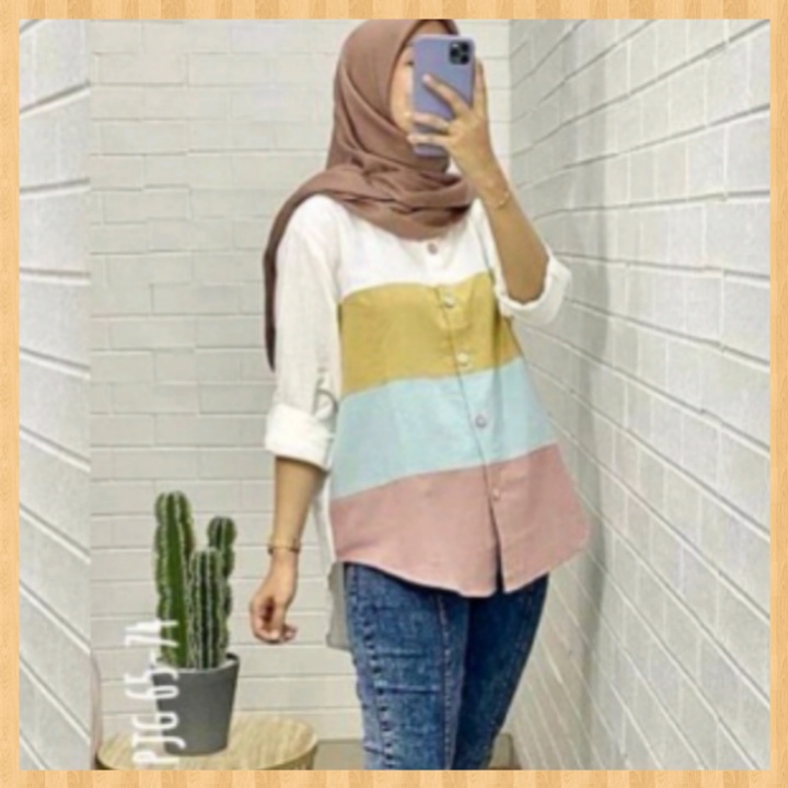 Atasan Blouse Kemeja Wanita Katun Linen Impor Terbaru-Kerah Putih