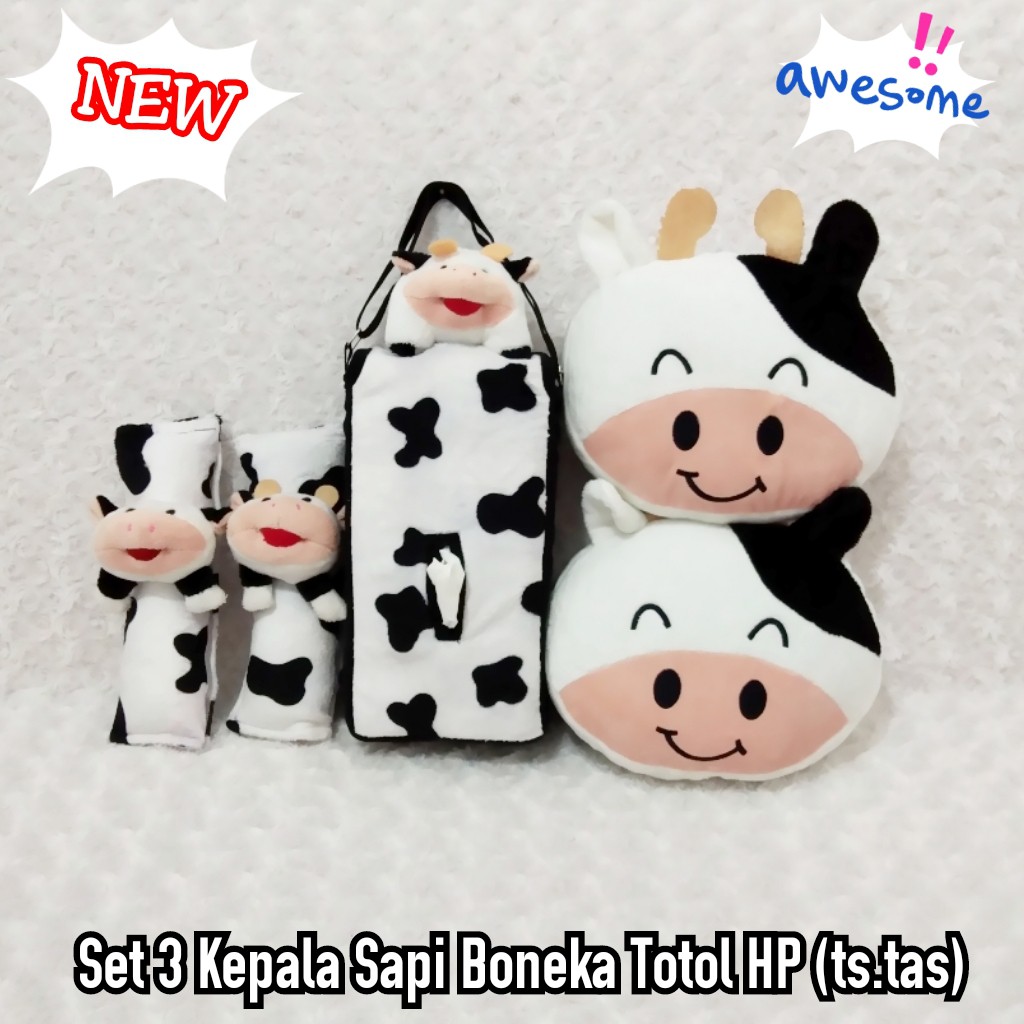 bantal mobil set 3 kepala Boneka Sapi totol hitam - putih ( tisu Tas