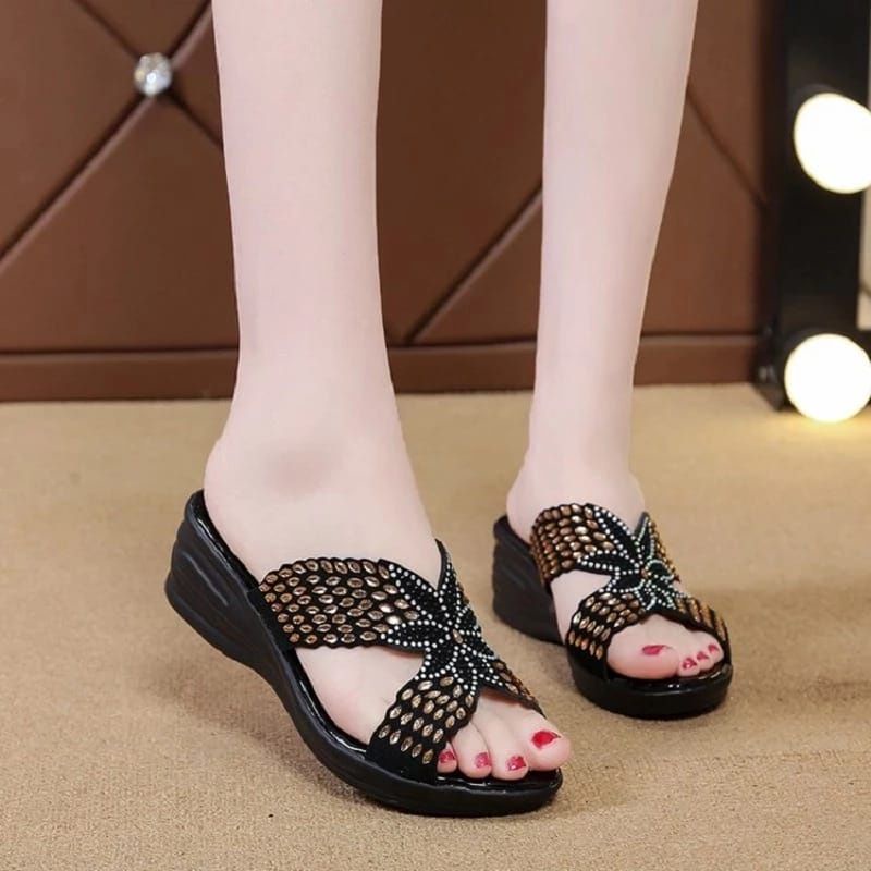 Sandal Wedges Wanita Dewasa-Sandal Wedges Selop Mutiara-Sendal Pesta Kondangan Gratis Ongkir