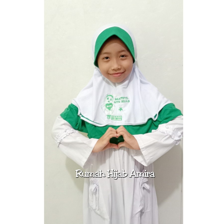 Jilbab Anak Sekolah Pita Karet Hijab dan Kuda Poni Putih Hijau