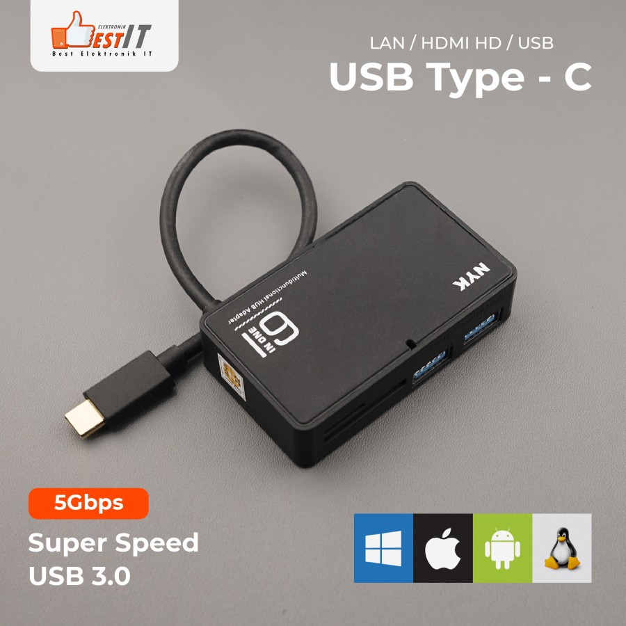 NYK Hub Converter USB Type C HUB 6 in 1 - LAN /4K /USB /Card Read