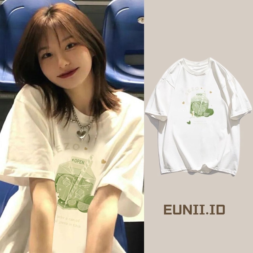 EUNII T-shirt Lengan Pende Minuman Pencetakan Kimut Longgar Korean Style /Kaos Atasan Wanita/Baju Kaus Oversize Wanita