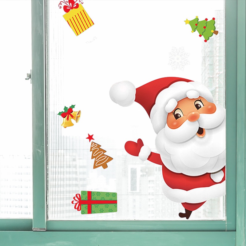1 Lembar Stiker Dinding / Jendela Kaca Statis Desain Snowflake Santa Claus Untuk Dekorasi Natal