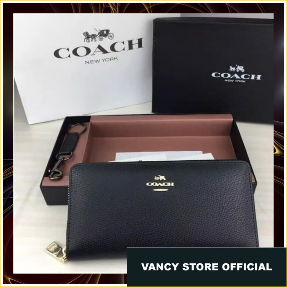 Tas Original Coach Accordion Zip Wallet Leather Black FULLSET NEW WITH TAG  Ori