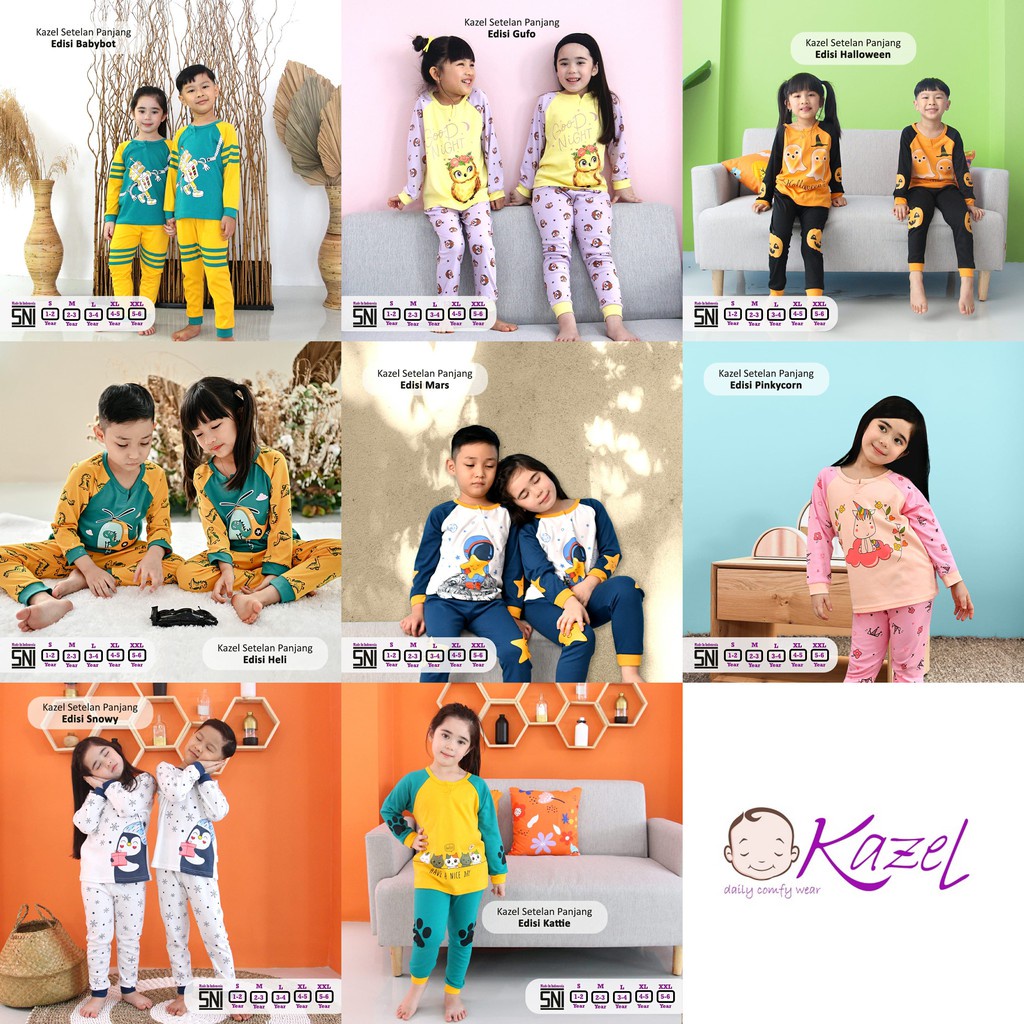 Kazel Piyama Panjang Anak 1-5 Tahun / Setelan Baju Tidur Motif Anak SML XL XXL By Kazel