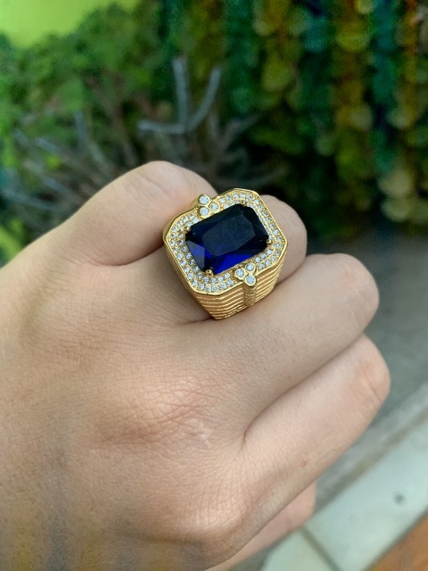 Cincin Pria Luxury Safir Biru Ring Gold Filled Terpadu Mewah Berkelas