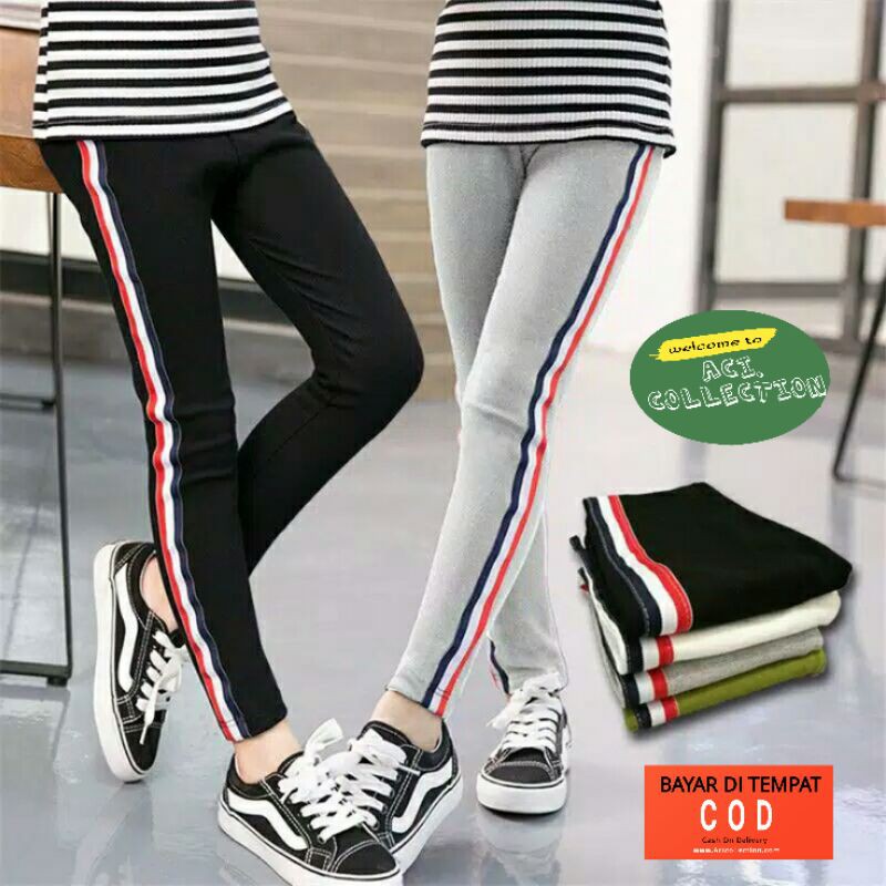 Legging List Stripe anak perempuan Bahan Jersey Usia 6 -13THN