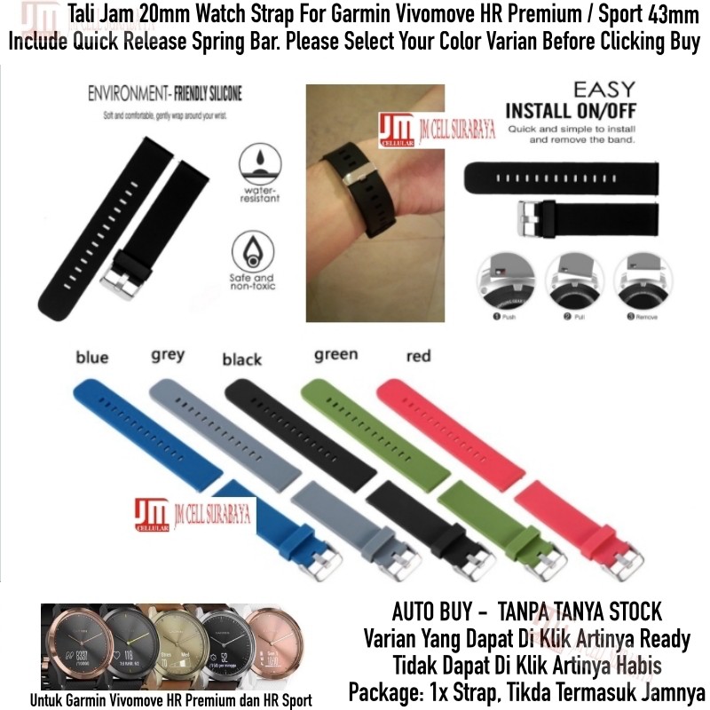 Tali Jam 20mm Watch Strap Garmin Vivomove HR Premium Sport 43mm - Polos Rubber Lembut Halus