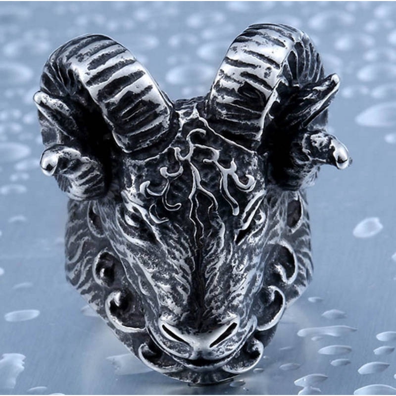 SEUSUK  Vintage Fashion Satan Worship Ram Aries Zodiac Sheep Goat Head Horn Biker Ring Jewelry Gifts