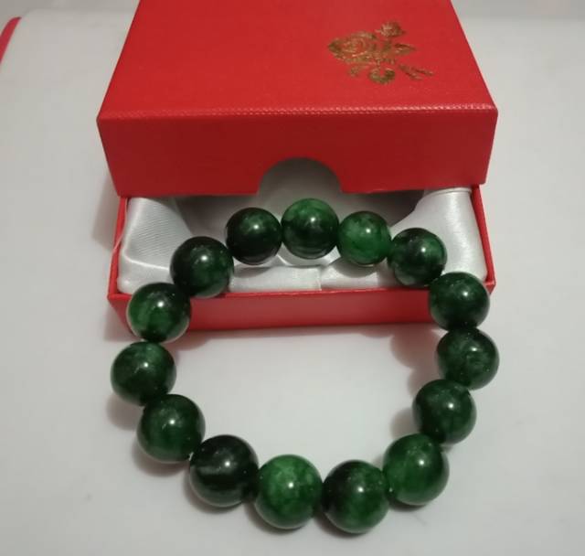 Gelang batu giok hijau lumut+kotak 12 mm