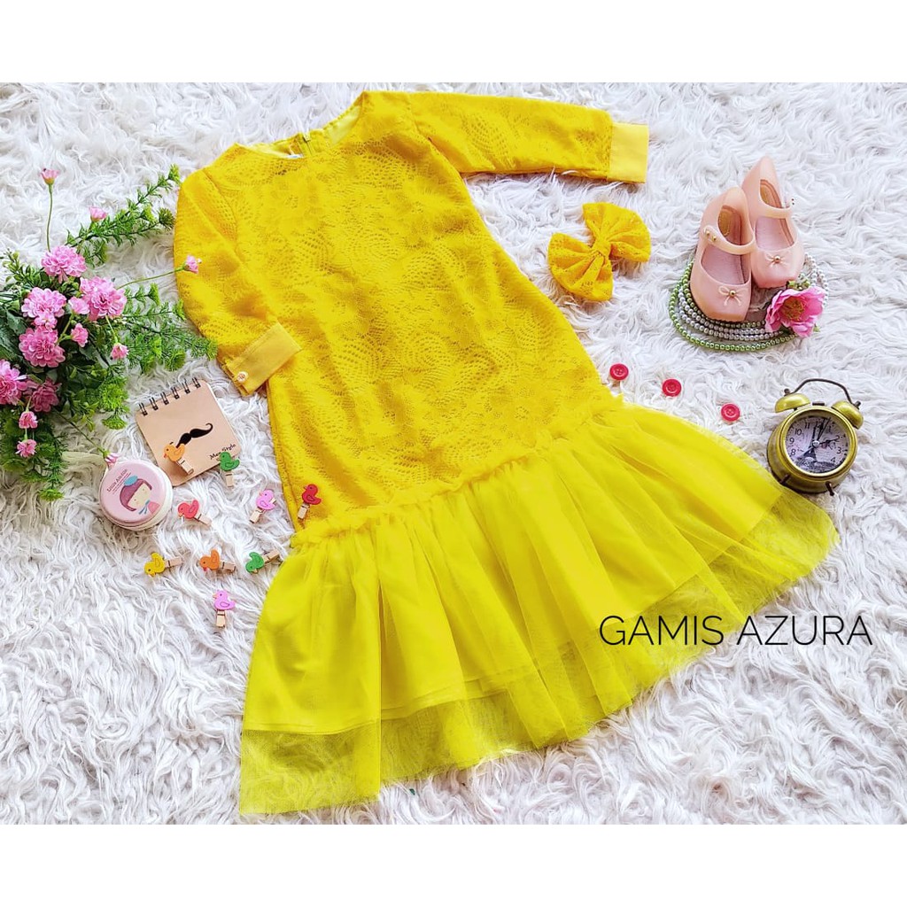 GAMIS AZURA ANAK USIA 3-5 TAHUN WARNA KUNING/GAMIS BROKAT ANAK/GAMIS TULLE ANAK/GAMIS MALAYSIA/GAMIS