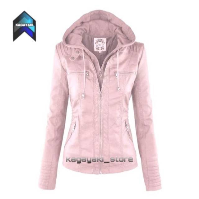 Jaket kulit sintetis hoodie wanita pink