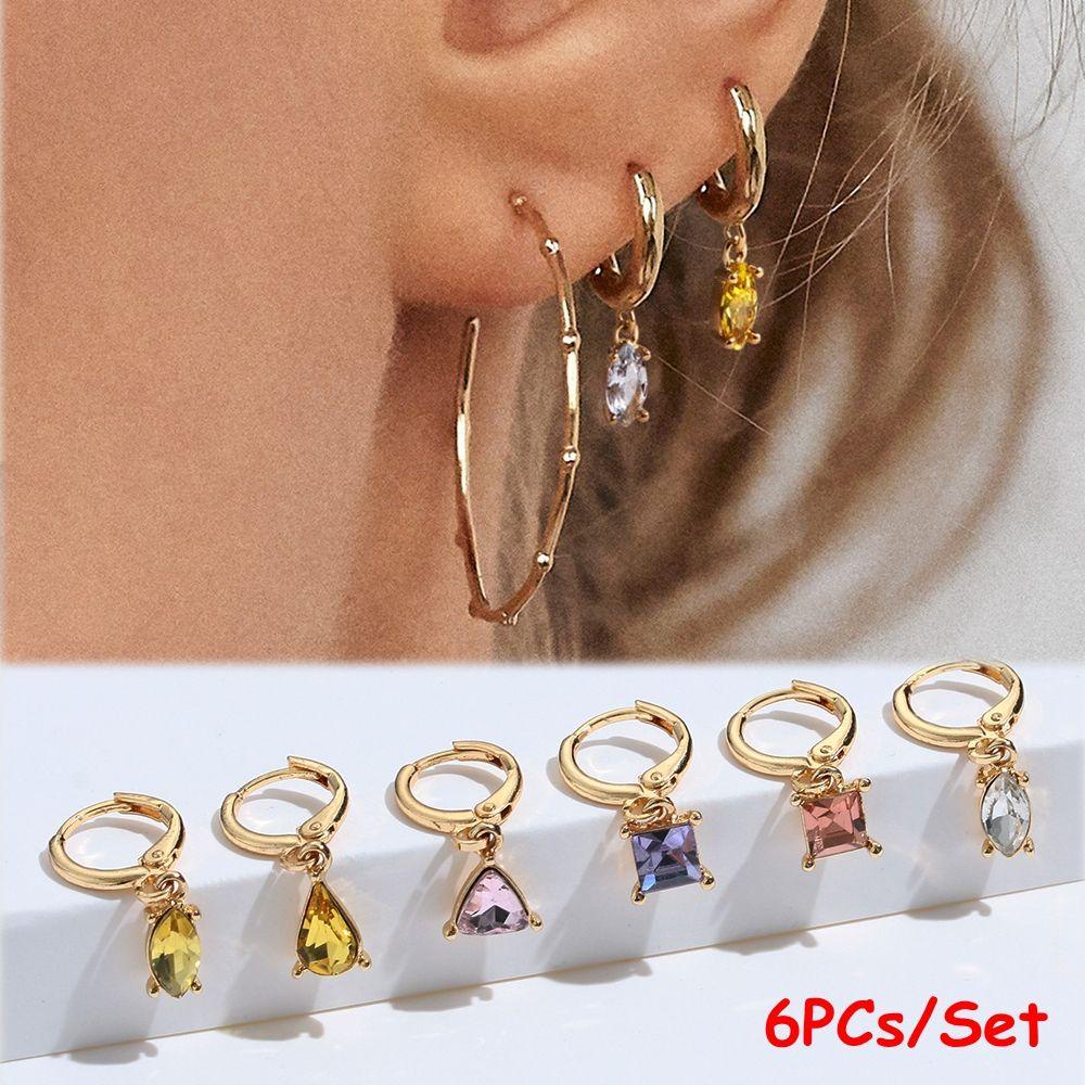 Lily 6pcs/Set Anting Menjuntai Statement Pesta Warna Emas Fashion Citrine Amethyst