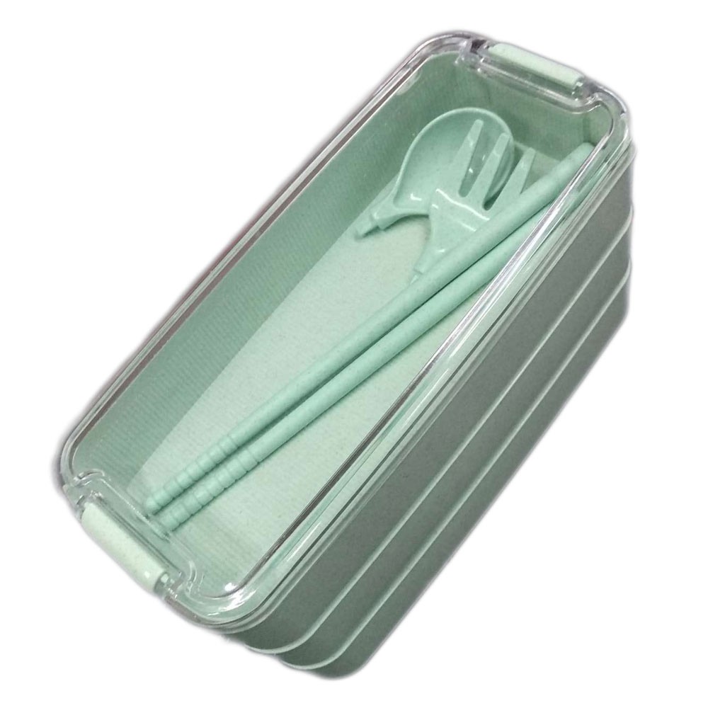 kotak penyimpanan/Kotak Makan 3 Layer Healthy Bento Lunch Box 900ml with Spoon &amp; Fork - Green