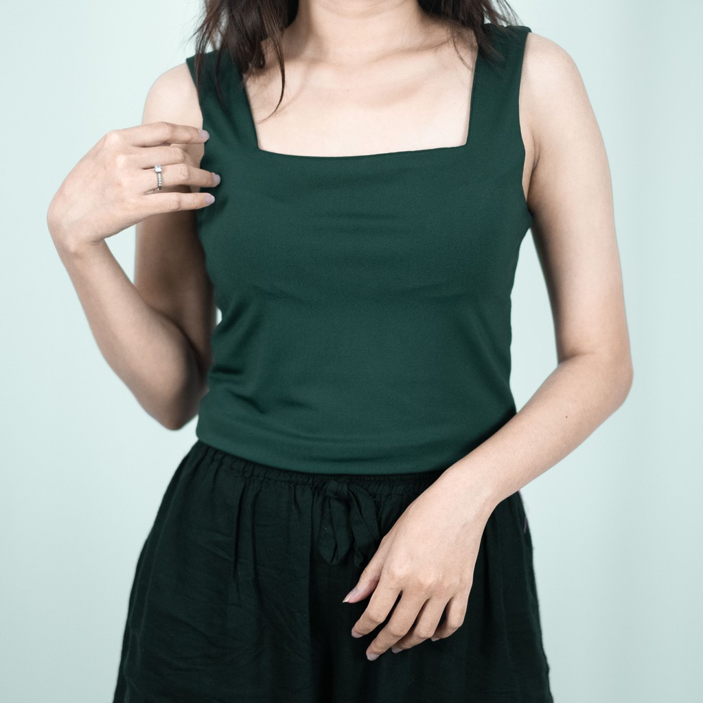Firstact ODETTE TALI BESAR CROP TOP Tank Top Wanita bahan Spandex-Hijau botol Jumbo/XL