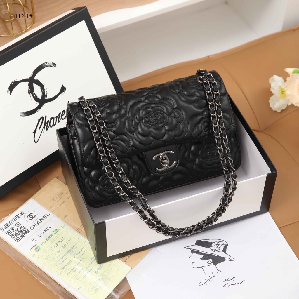 Ch Black Camellia-1112-1 Embossed Lambskin Classic Medium Double Flap Bag in Black-Silver
