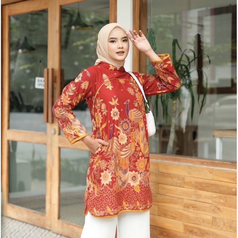 Batik Pavo sarimbit couple Kerja laki laki Kantor Wanita Hijab tunic dress merah sanghai cheongsam c