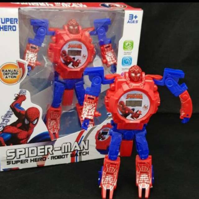 Jam tangan mainan anak robot bisa berubah karakter Spiderman, Ultraman, Batman,LOL,dan Frozen.