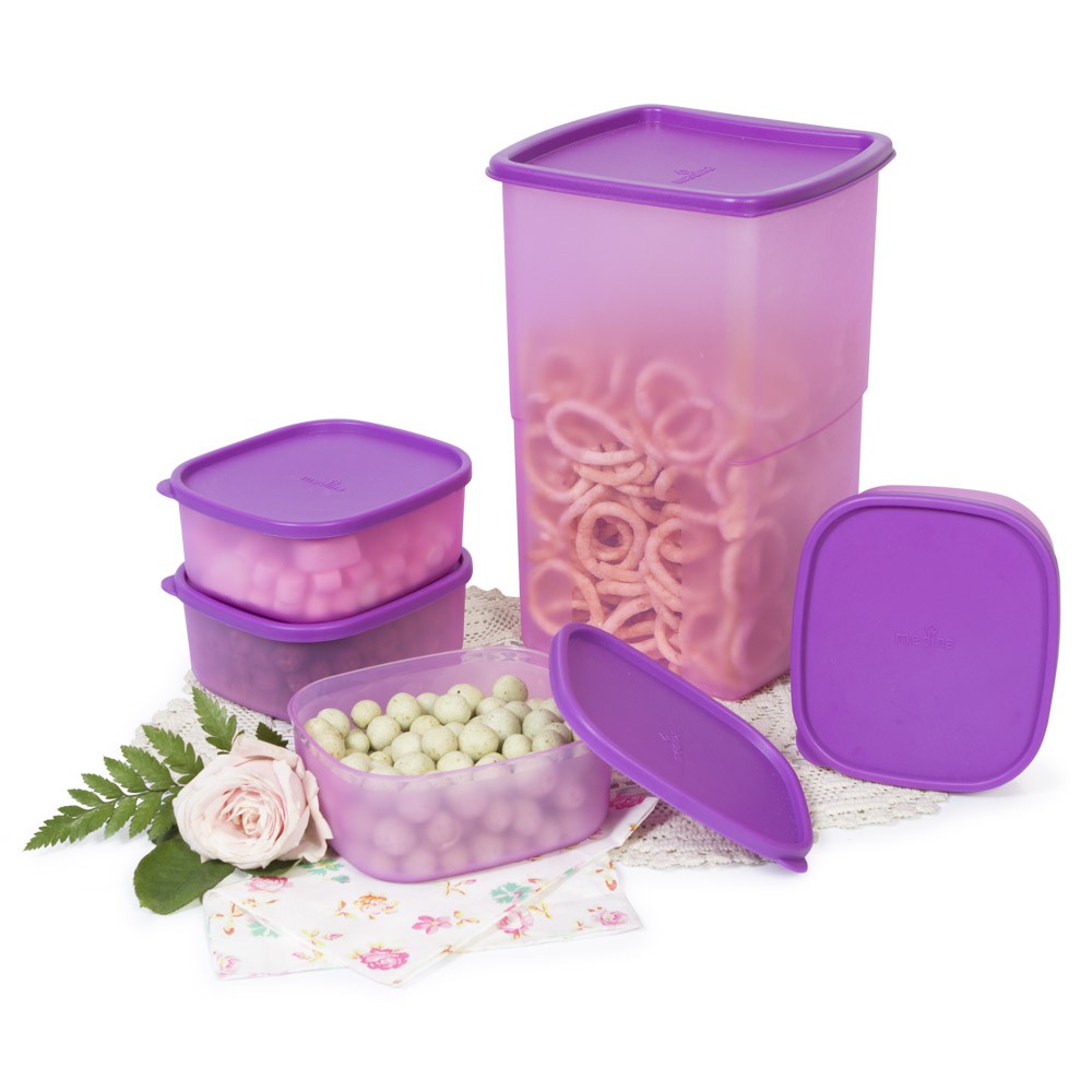 Azalea Snack Container Square (Set of 5) Purple | Toples Kulkas Snack Kedap Udara Food Keeper