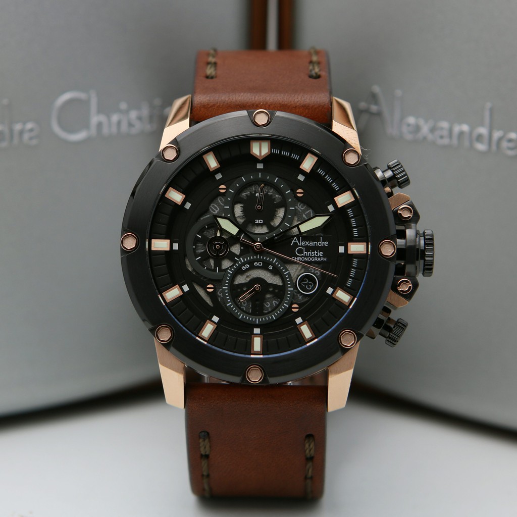Jam Tangan Pria Alexander Christie AC 6564 MC LBRBA RoseGold list Black Leather Brown Original