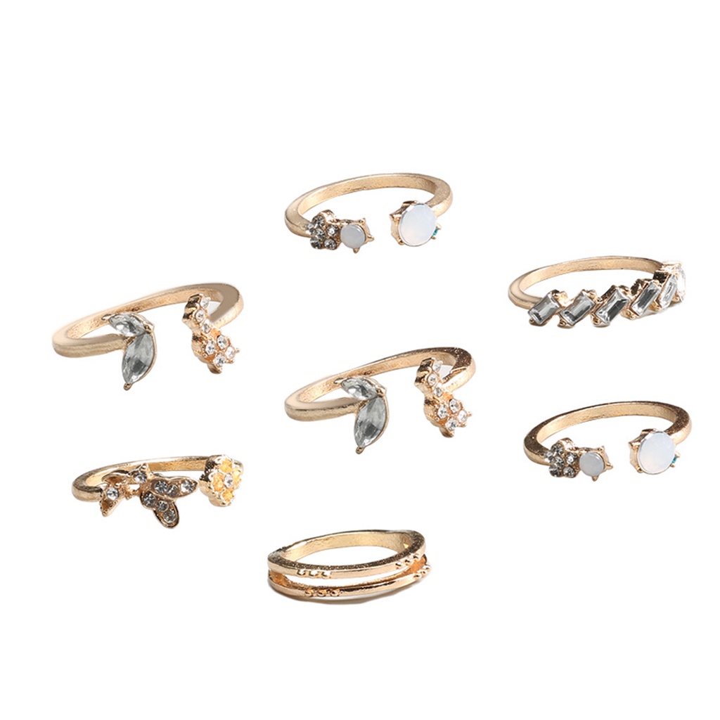 Hu Hu Hu Hu Hu Alat Bantu Pasang Kacamata♡ 7pcs Cincin Jari Model Terbuka Aksen Berlian Imitasi Untuk Wanita