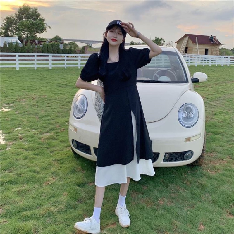 LuvHanger Mila Dress Wanita Dress Panjang Model Furing Dalam Putih Leher Square Lengan Pendek Dress 