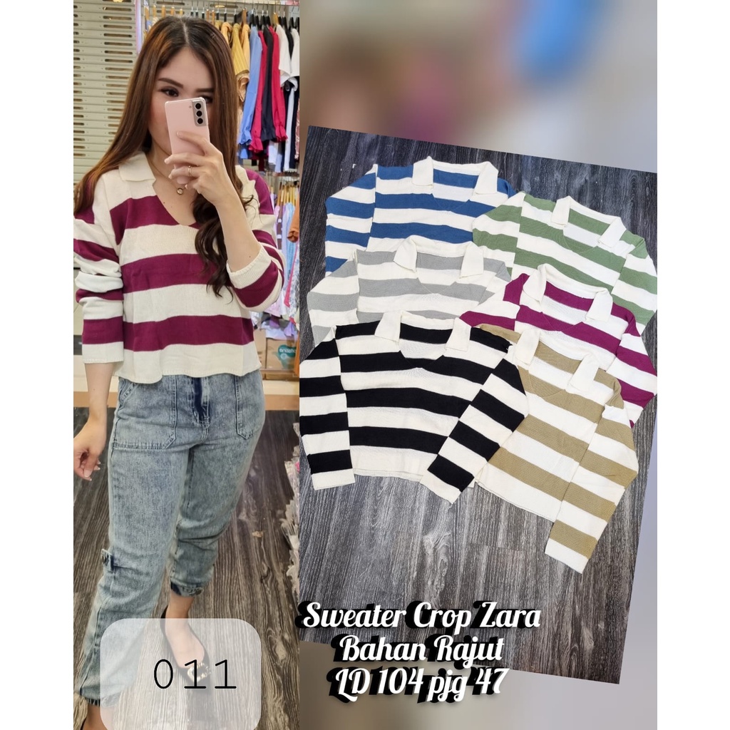 Hyerin Polo Stripes Sweater - Top Crop Bahan Rajut Knit - Atasan Rajut Wanita (011)