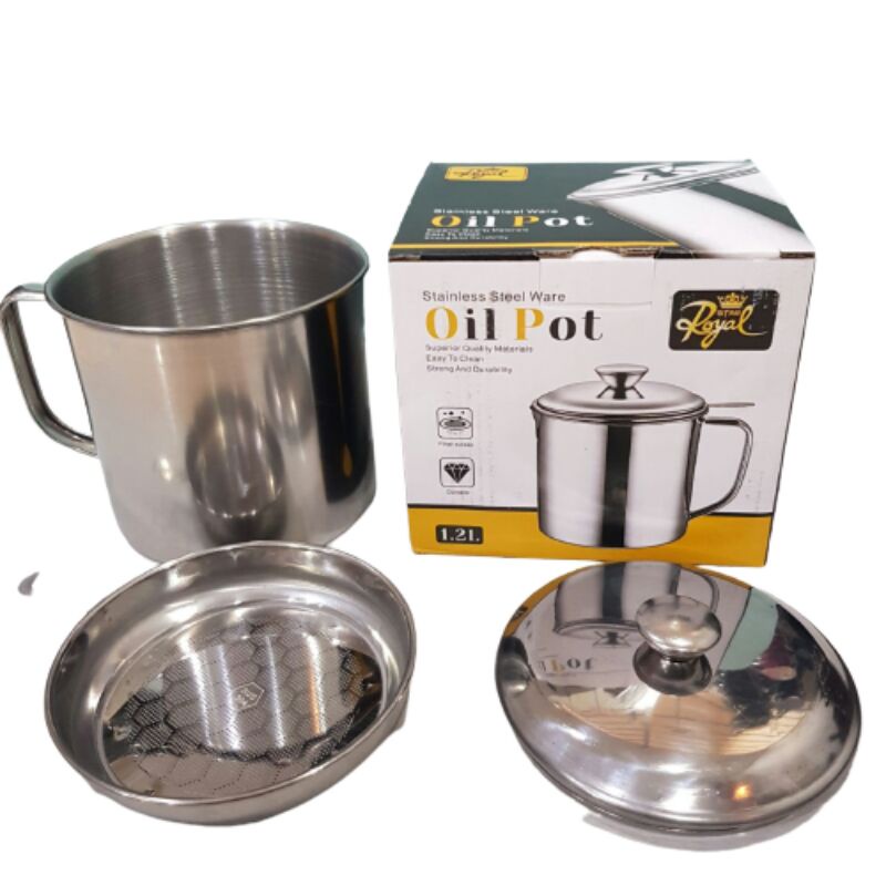 Oil Pot Stainless 1.2L + Saringan + Tutup Wadah Minyak / Saringan Minyak Teh Kopi Gelas Mug Serbaguna