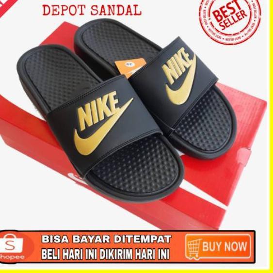 red nike slides gold swoosh