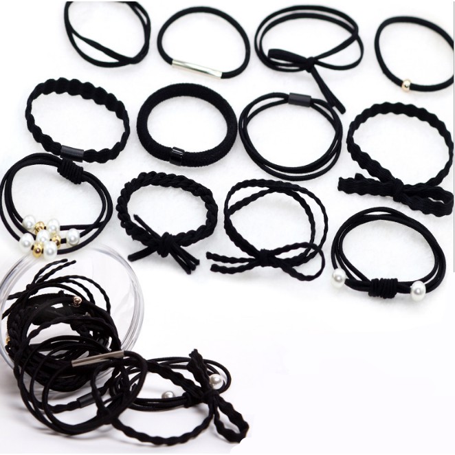 Gratis Ongkir - F519 Ikat Rambut 12 in 1 (FREE BOX) / Set Ikat Rambut Simple / Kunciran Rambut-Hitam